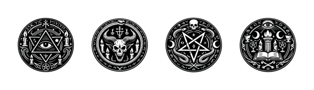 Mystical occult symbols collection, black and white vector illustrations, esoteric elements, silhouette designs