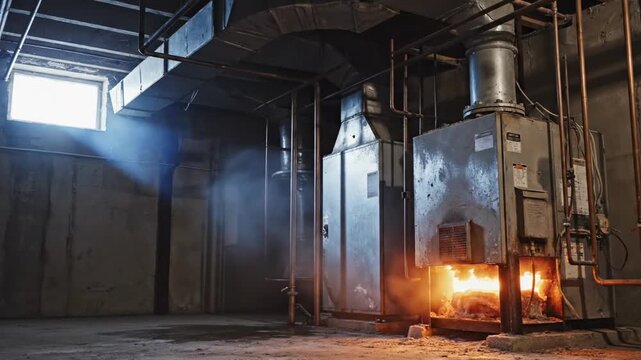 furnace basement interior with blazing industrial heater, cold window light, and drifting smoke in a moody underground utility room