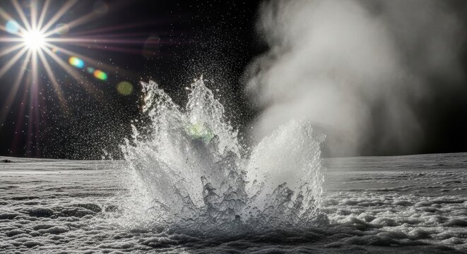 Crystalline ice plumes erupting from a subsurface creating a powerful and dynamic geothermal geyser.