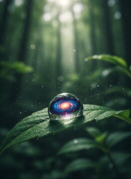 Cosmic Unity and Natural Balance: Unity of the Microcosm and Macrocosm, a galaxy in a water droplet on a green leaf in a mystical forest with space for text