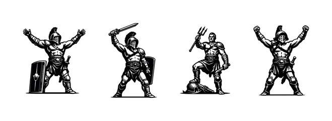 Fototapeta premium Vector illustration of gladiator warriors in different poses and armors silhouette style