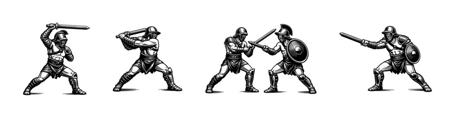 Obraz premium Vector illustration of gladiator warriors in combat poses black and white silhouette