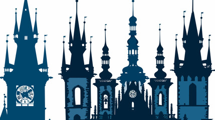 Obraz premium Blue silhouette of a row of towers, some with clocks, against a white background