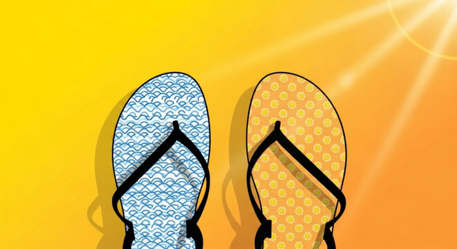 Vibrant flip flops in blue and orange on sunny background with rays