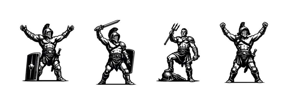 Vector illustration of gladiator warriors in different poses and armors silhouette style