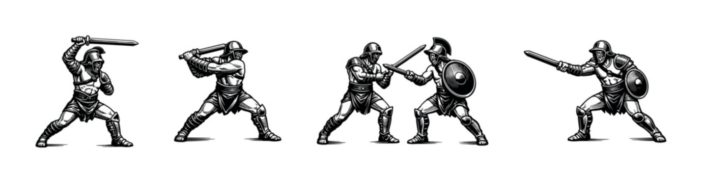 Vector illustration of gladiator warriors in combat poses black and white silhouette