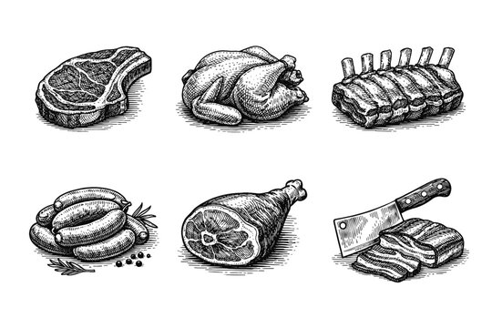 Vintage meat collection in black and white engraved illustration style with steak chicken ribs sausage ham and bacon