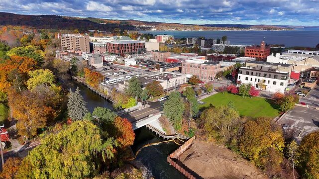 Traverse City Michigan autumn cityscape along Boardman River and Grand Traverse Bay