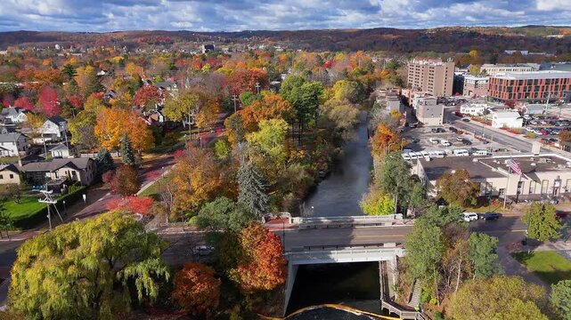 Boardman River and Union Street Dam Park in Traverse City, Michigan during autumn