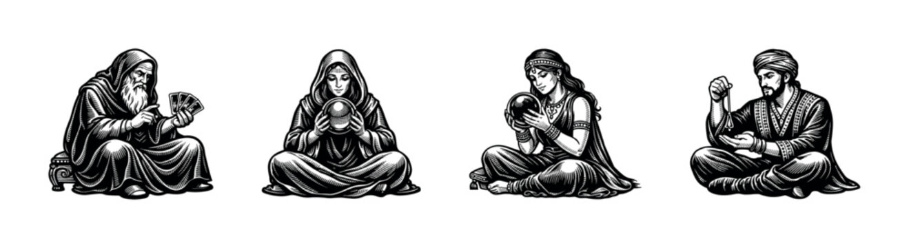 Vintage black and white fortune teller illustrations, silhouette style, mystic figures and tarot readers