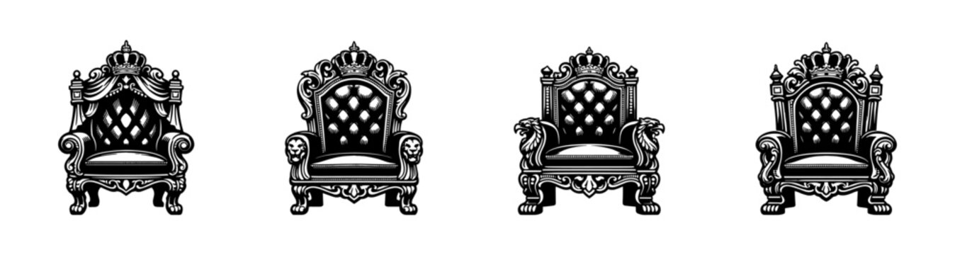 Set of four ornate vintage throne chairs vector silhouette illustration
