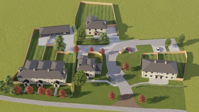 Aerial 3D render of a modern residential housing development neighborhood with suburban homes, landscaped gardens, and private driveways