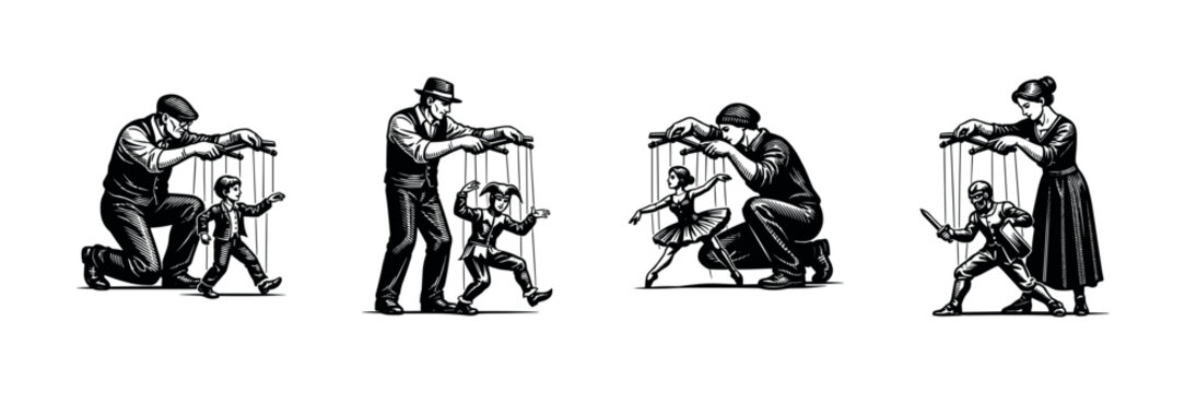 Black and white vector illustration of puppeteers manipulating marionette dolls