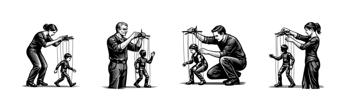 Stylized black and white vector silhouette of puppeteers controlling human puppets