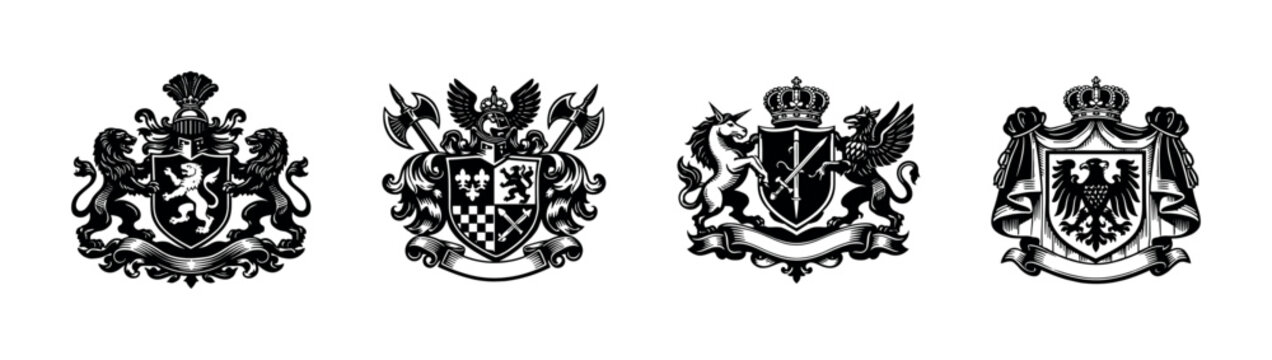 Regal crest silhouette collection, black and white vector illustration of heraldic elements