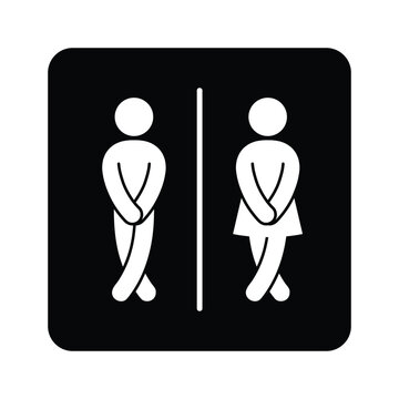 Funny restroom sign showing male and female figures holding legs in urgency pose. Minimal black and white toilet icon expressing need to use bathroom. Humorous pictogram perfect for signage cafes bars