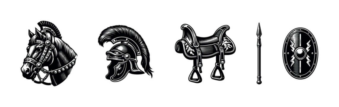 Equestrian and gladiator themed vector illustration featuring horse armor roman helmet saddle spear shield
