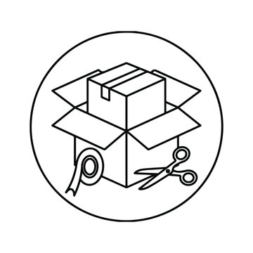 Open Cardboard Box with Scissors Round Outline Line Vector Icon