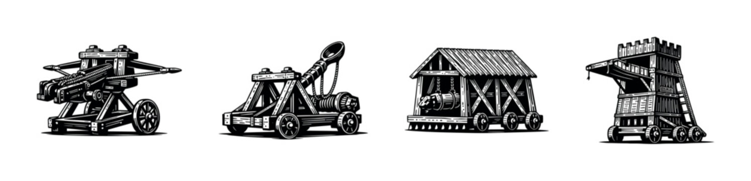 Medieval siege weapon illustrations silhouette style vector collection
