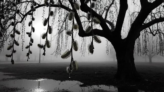 Black and white shot of a weeping willow tree with pussy willows in a foggy park environment.