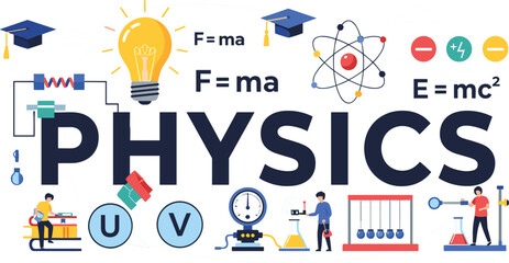 Physics Education Vector Illustration with Formula F equals ma and E equals mc squared Light Bulb Atom Laboratory Equipment and Science Learning Elements for Academic Design © MDMAHADI
