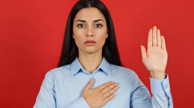 A woman taking an oath with a red background and solemn expression