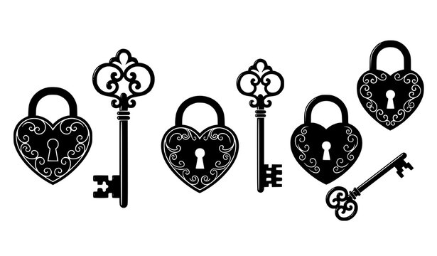 Heart shaped padlock and key silhouettes with ornate scrollwork romantic vintage vector set