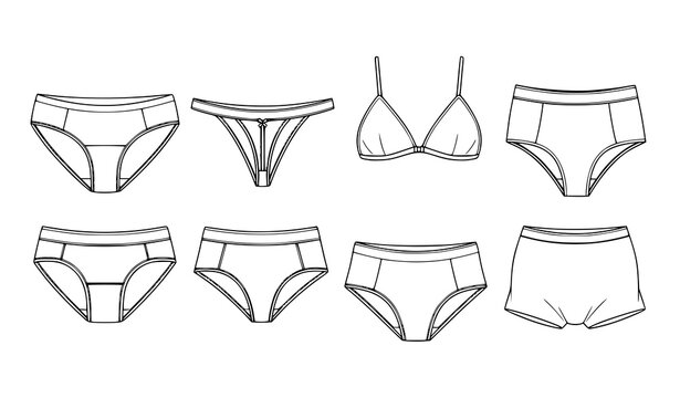 Women lingerie underwear line art set with panties thong and various styles outline vector collection