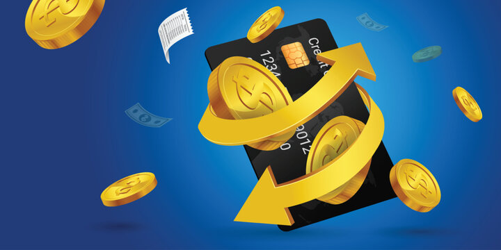 Cash back, money saving vector concept with dollar coins, wallet, arrows, credit card.Guarantee bonus program finance sticker. Online shopping, cash back sale offer emblem,Cash back service, financial
