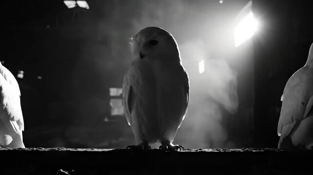 Black and white shot of three white owls in a dark room with a bright window emphasizing light and shadow