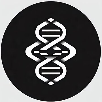 A minimalist white double helix DNA symbol on a black circle background