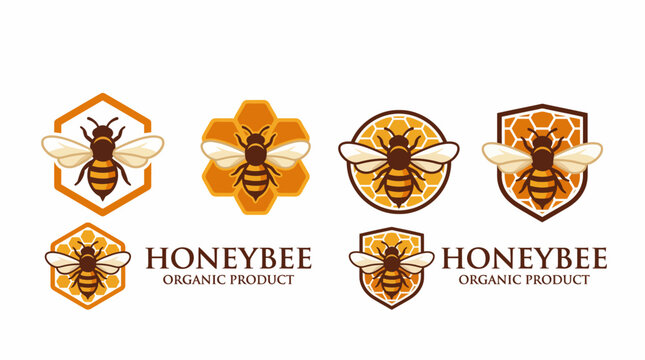 A collection of honey-themed logos showcasing bees and honeycomb, emphasizing the organic nature of the product and its connection to nature&rsquo;s sweetness.