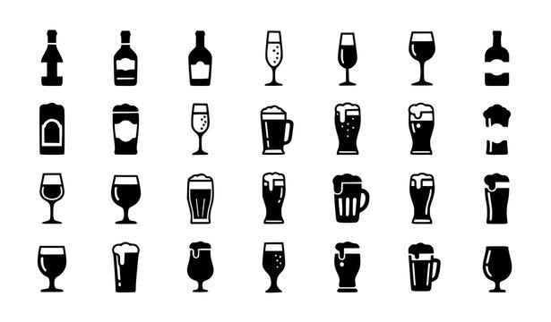 Modern alcohol drink silhouettes grid with wine bottles champagne glasses and beer pints flat vector icons