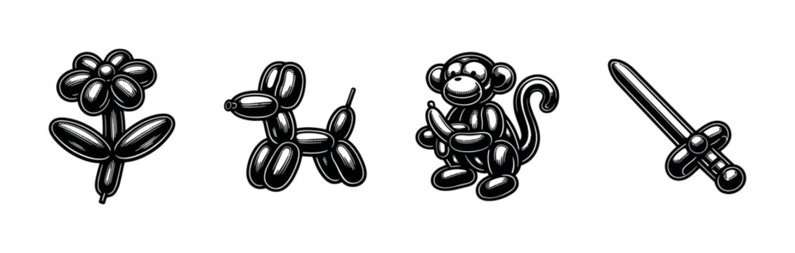 Black and white vector illustrations of balloon animals and objects including flower monkey and sword