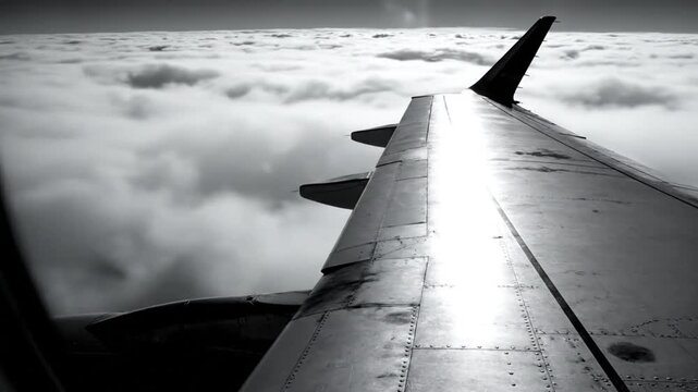 Black and white view from airplane window featuring the wing above a layer of puffy clouds on a sunny day