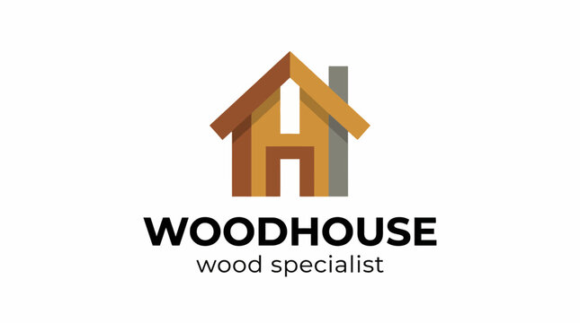 The logo for Woodhouse cleverly incorporates a stylized house shape with wood-like textures, emphasizing craftsmanship and specialization in woodworking and homebuilding.