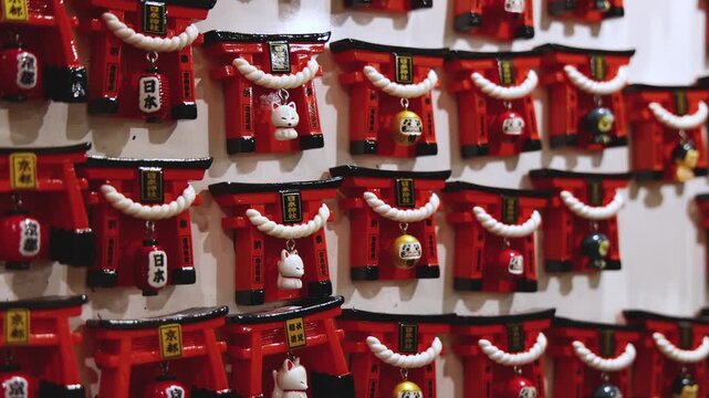 Traditional Japanese tourist souvenirs and gifts from Kyoto, Kansai, Japan, with daruma figures, kitsune fox, tengu mask, fridge magnets, toys figurines, key ring keychain, in a local vendor gift shop