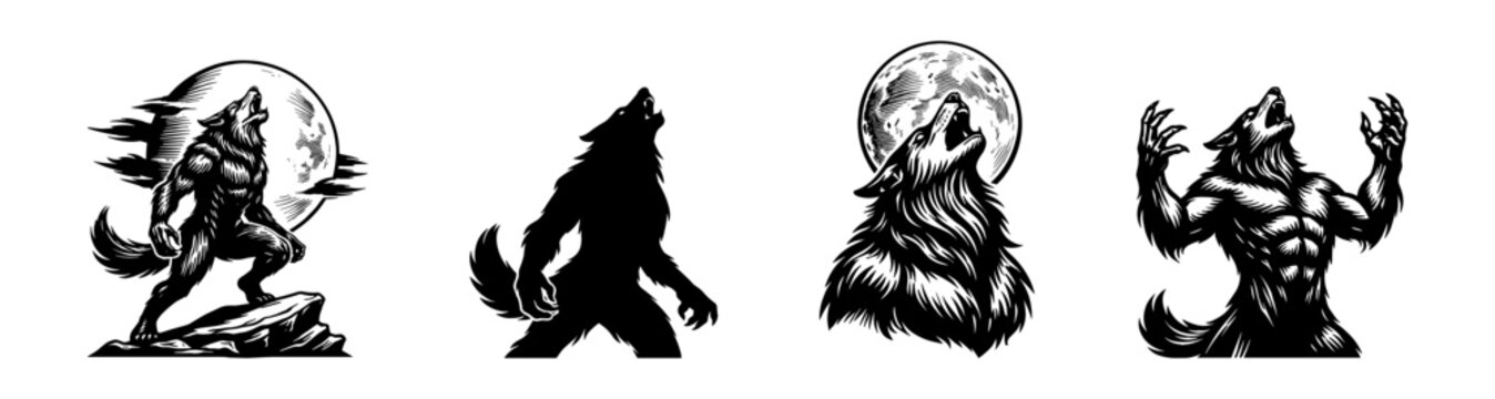 Werewolf illustrations set howling at moon silhouette vector elements