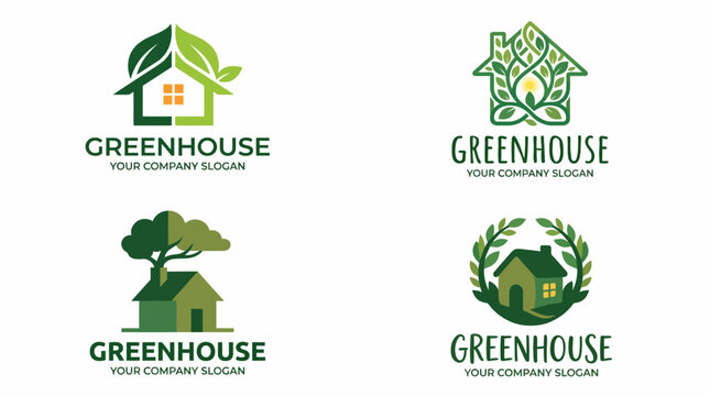 This logo showcases a green house design with elements of nature such as leaves and windows, emphasizing sustainability and environmental consciousness in a modern style.