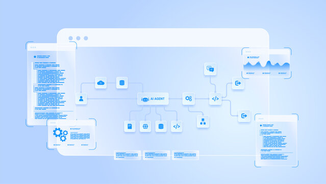AI workflow automation artificial intelligence. ai agent workflow diagram dashboard machine learning system with data analytics, digital processing flow, coding and process flow.