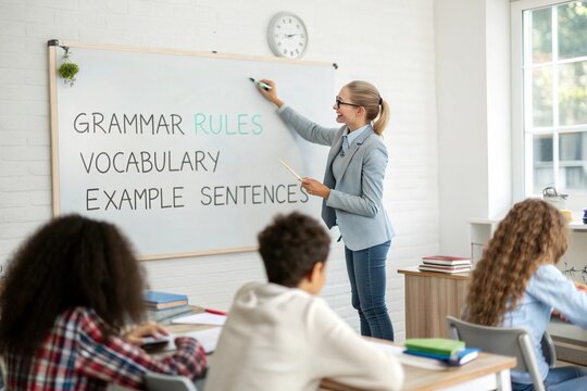 Teacher writes grammar rules on a whiteboard