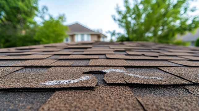 Close up, damaged asphalt shingle roof with hail impact marks, residential home, summer day