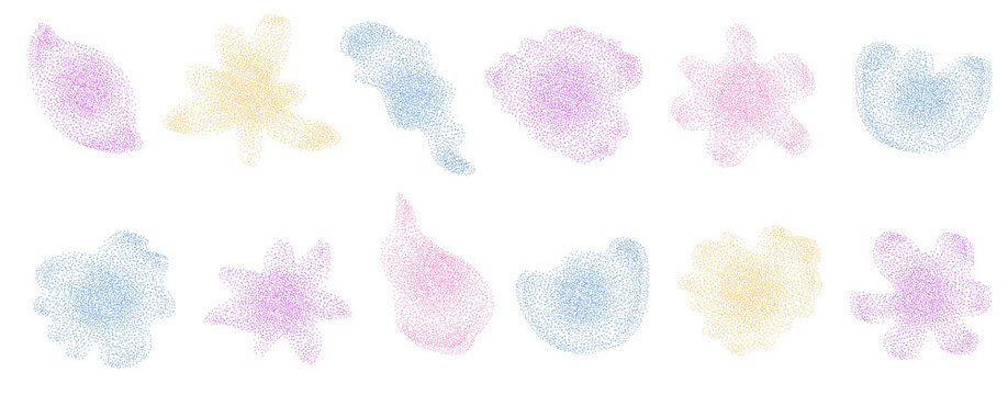Flower, leaves grainy and blurry gradient shape. Gentle florals set with soft blur dissolved with pastel colors. Organic sand noise icons for y2k design. Vector grainy wildflowers figures on white.