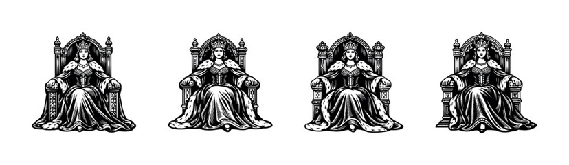 Fototapeta premium Vector illustration of a queen on ornate throne, black and white silhouette, regal theme, illustration