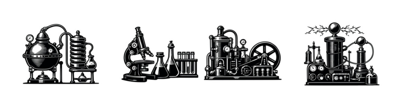 Vintage scientific equipment illustrations, black and white vector elements, steampunk style