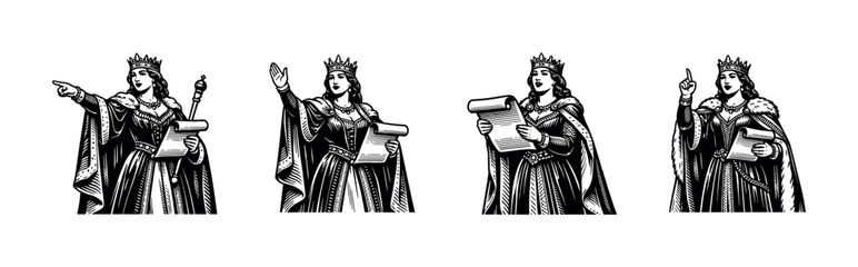 Obraz premium Black and white vector silhouette of medieval queen illustrations with scrolls and crown
