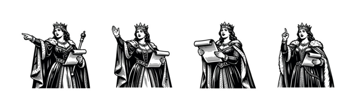 Black and white vector silhouette of medieval queen illustrations with scrolls and crown