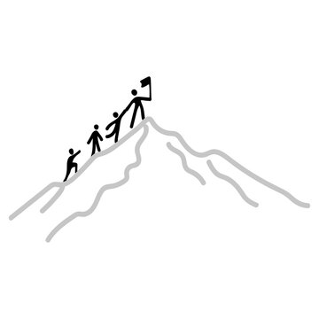 Minimal line illustration of people climbing a mountain and reaching the top with a flag. Teamwork, leadership, support and goal achievement concept. Simple symbolic graphic suitable for business, coa