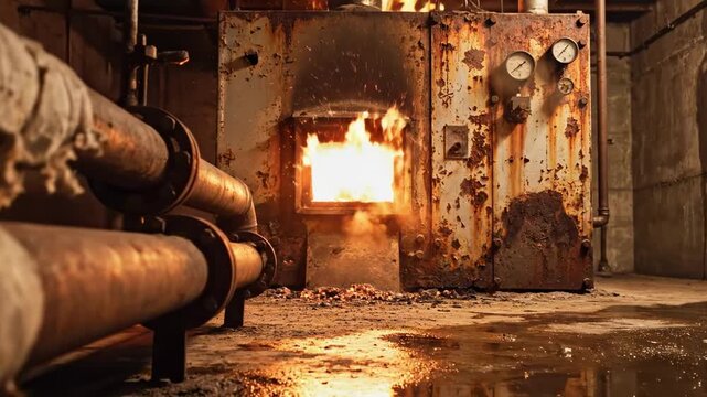Rust-streaked furnace basement boiler blasting open fire, gauges, pipes, and wet concrete reflections in a gritty utility room
