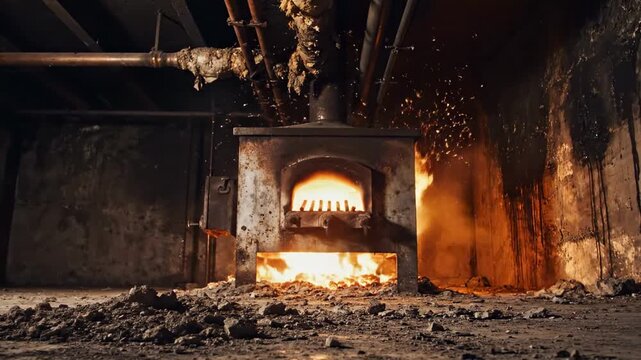 Low-angle furnace basement stove with burning firebox, scattered rubble, and gritty underground heat in a dark industrial utility space